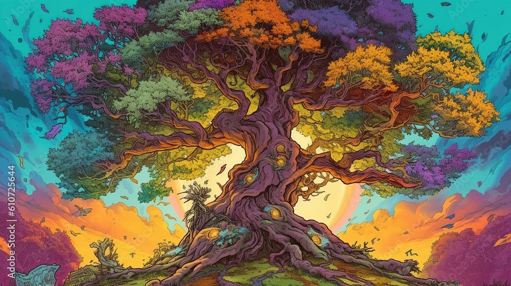 A mythical tree with magical powers. Fantasy concept , Illustration painting. Generative AI