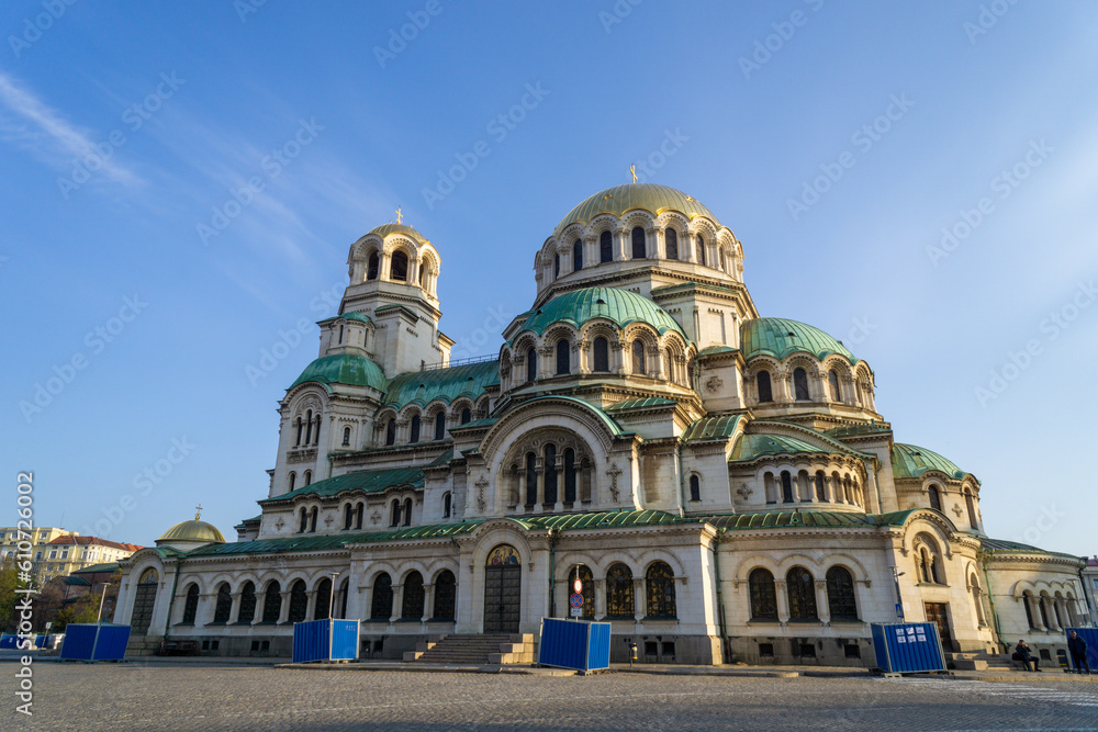 Alexander Nevski Cathedral in the city of Sofia in Bulgaria, with the light of dawn on a day with clear skies.