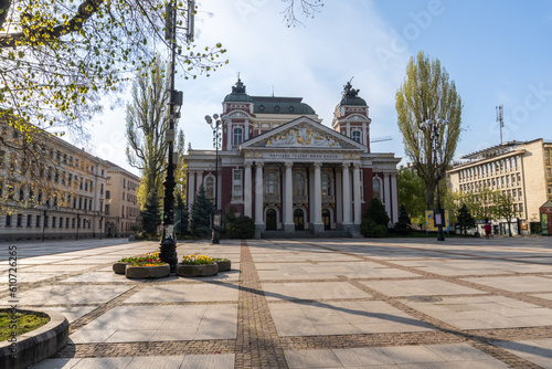 Exterior facade of the Ivan Vazov Theater in the city of Sofia, on a sunny day. photo