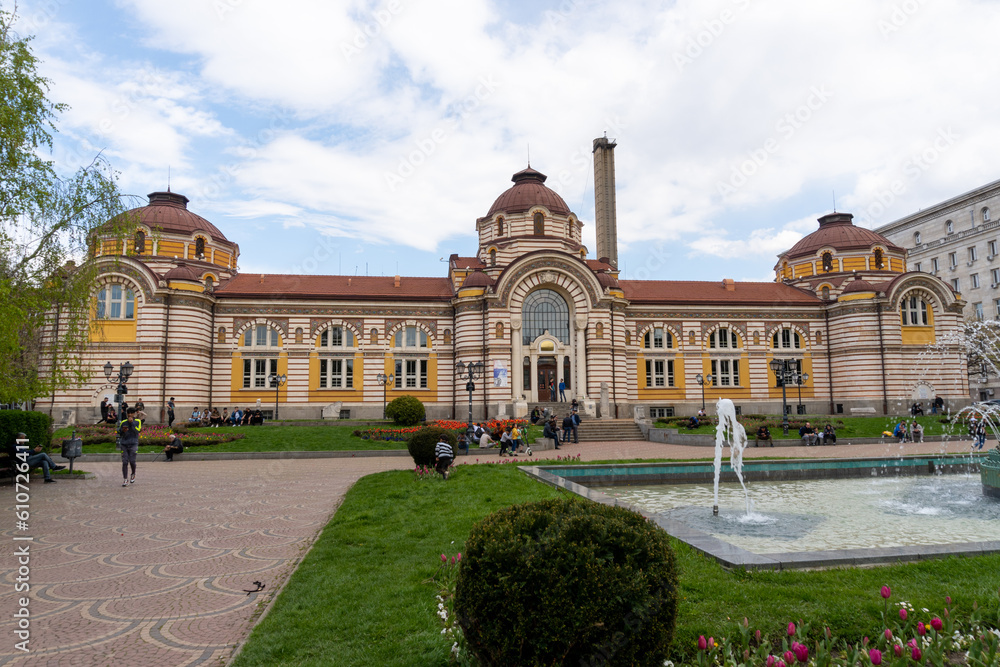 Fototapeta premium Exterior of the Bulgarian Regional History Museum in the city of Sofia, on a sunny day. Old baths of the Banya Bashi Mosque.