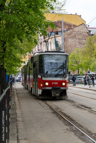 Trams of the city of Sofia in Bulgaria, circulating through the city, on the day