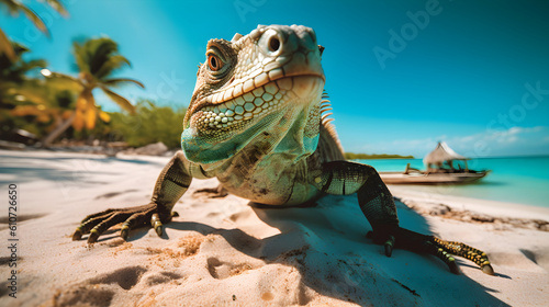 An iguana making its way across a pristine beach. The beach should be characterized by its turquoise waters, gently crashing waves, scattered rocks, and towering palm trees. AI digital art photo