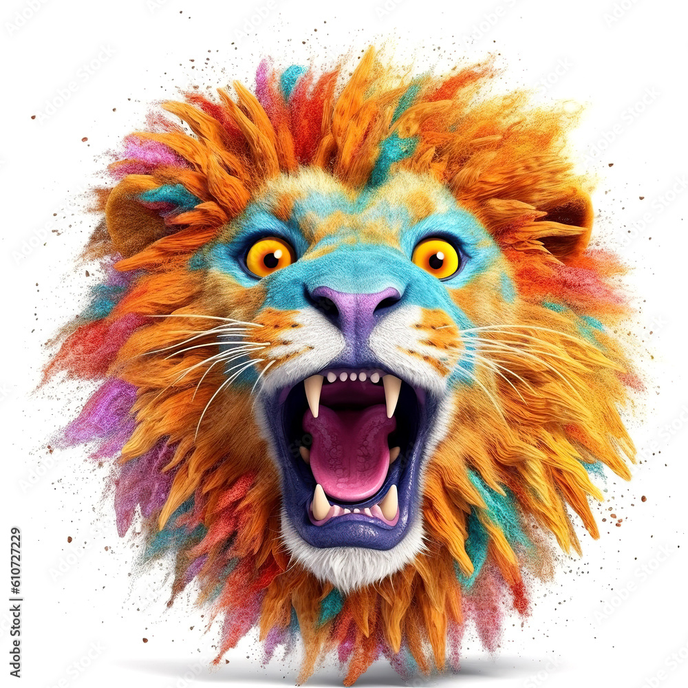 Colorful cartoon op-art style furious lion isolated over white background. Created with generative Ai