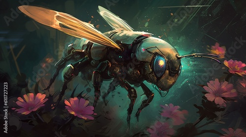 A robotic bee pollinating a genetically-modified flower. Fantasy concept , Illustration painting. Generative AI © X-Poser