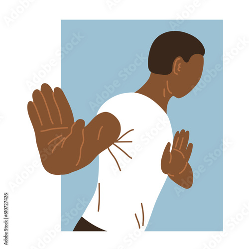 Young man resolutely refuses. African american. Stop hand gesture. Hate, reject and respond. Human negative emotion. Cartoon vector isolated illustration