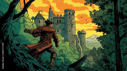 A rogue sneaking into a heavily guarded castle. Fantasy concept , Illustration painting. Generative AI