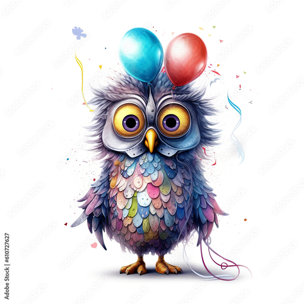 Funny cartoon party eagle with air balloons and confetti isolated over white background. Colorful joyful greeting card for birthday or other festive events. Created with generative Ai