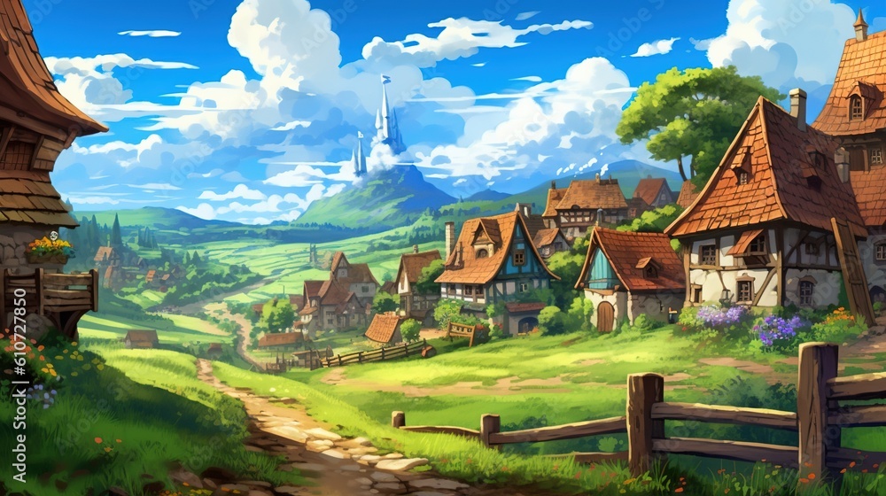 A scenic countryside with rolling hills and a quaint village in the distance. Fantasy concept , Illustration painting. Generative AI A scenic countryside with rolling hills and a quaint village in the distance. Fantasy concept , Illustration painting. Generative AI