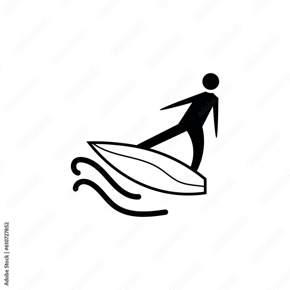 Human figure with surfboard and sea waves on white background