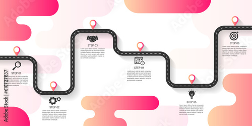 business road map infographics template with step icon. journey route and winding road timeline. vector illustration in flat style modern design.can be used for process, presentations, layout, banner.