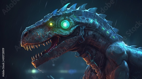 A robot dinosaur with glowing eyes. Fantasy concept   Illustration painting. Generative AI