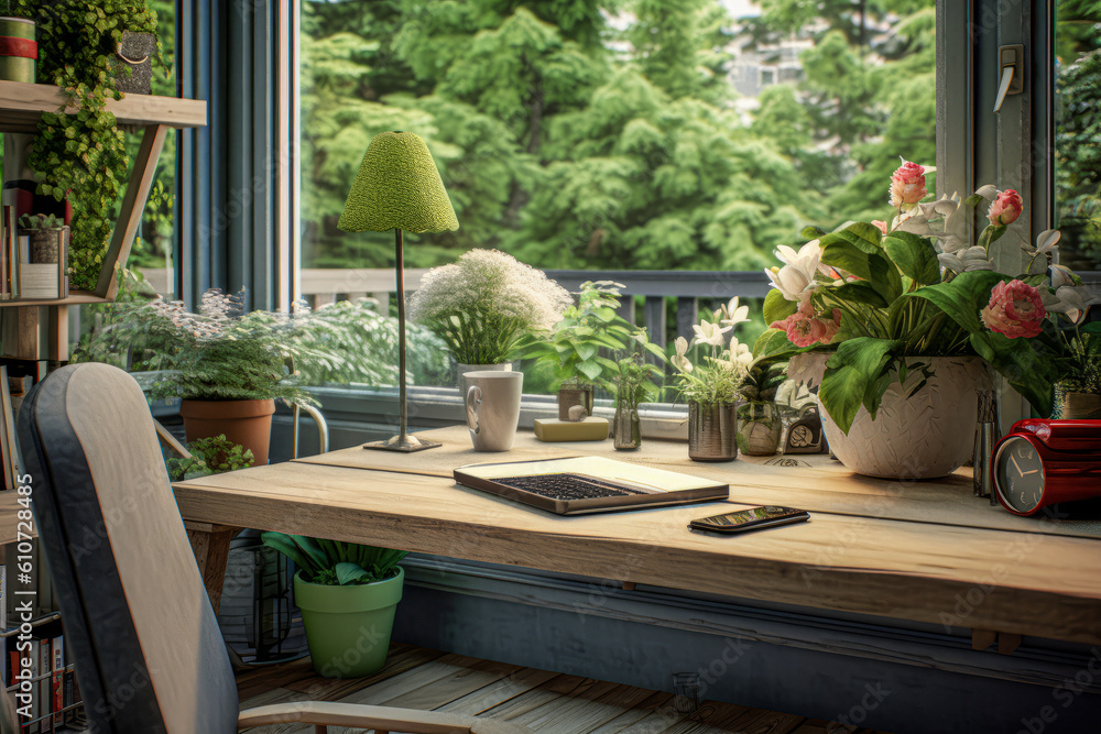 Fototapeta premium A desk plant or flowers, adding a touch of nature and freshness to the workspace.