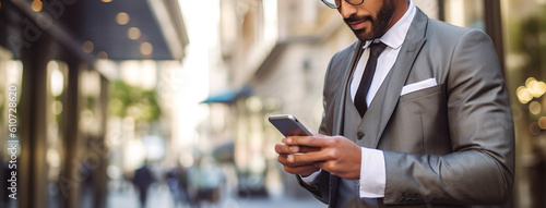 Businessman in suit with mobile phone in hands. Man typing message, using social net. Checking news. Making business meeting. Modern office.General manager,ceo.Calling to partner.Planning working day