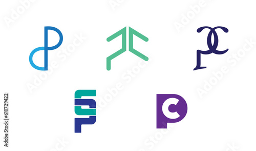 Modern and minimal PC logos for technologic brands, letter P and letter C for tech business
