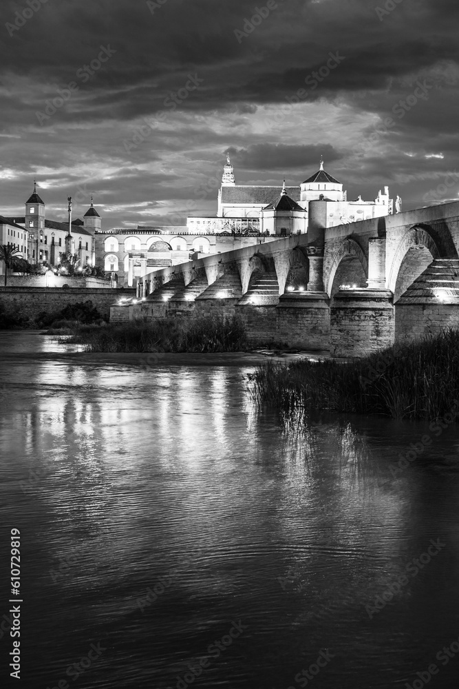 Cordoba, Andalusia, Spain: Twilight view of the old town with the ancient Mosque and Roman Bridge over Guadalquivir river in black and white