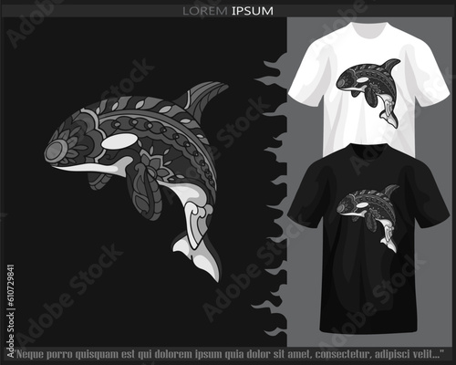 Monochrome killer whale mandala arts isolated on black and white t shirt.