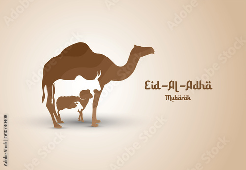 Eid Al Adha Celebration of Muslim holiday Background. The sacrifice a camel, cow, sheep and goat Eid-al-adha concept vector illustration.