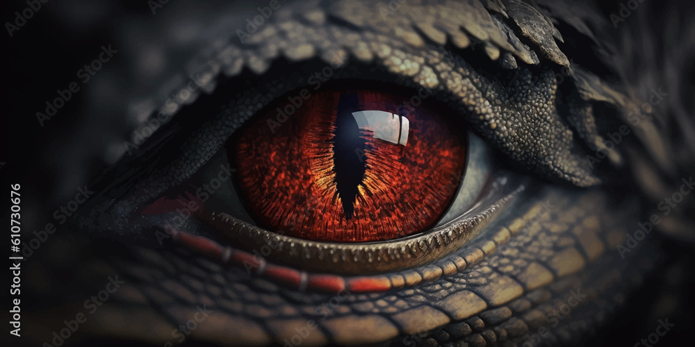 Dragon eye. Red Eye of Evil Fantasy Brown Dragon. Mythological creatures. Animal eye. Fantastic monster. Ancient reptile. Dark tones. Closeup. 3D vector illustration Dragon eye. Red Eye of Evil Fantasy Brown Dragon. Mythological creatures. Animal eye. Fantastic monster. Ancient reptile. Dark tones. Closeup. 3D vector illustration