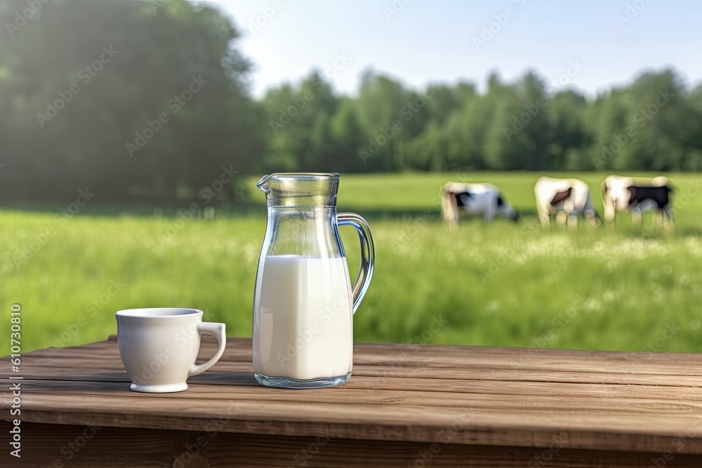 Refreshing Dairy Delight. Fresh Milk in a Jug and glass on a Wooden Table
Refreshing Dairy Delight. Fresh Milk in a Jug and glass on a Wooden Table
