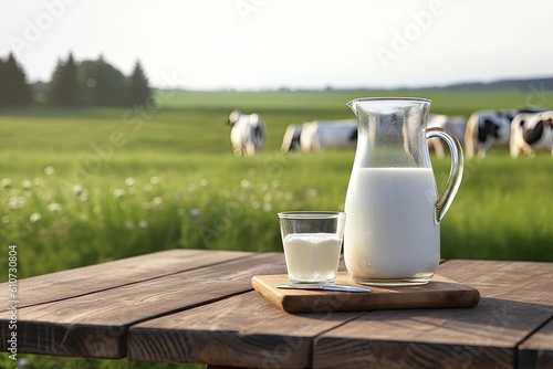 Refreshing Dairy Delight. Fresh Milk in a Jug and glass on a Wooden Table 