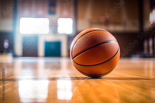 A basketball lies on the floor of a sports hall, AI generates content.