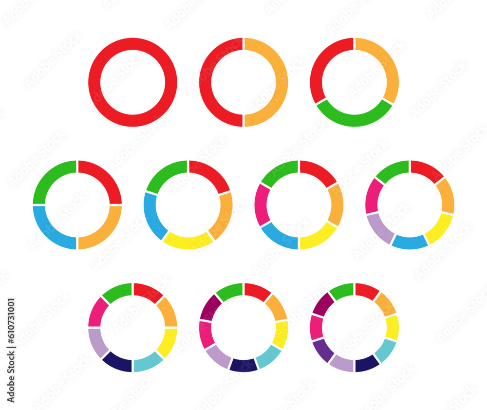 set of colored pie charts for 1,2,3,4,5,6,7,8,9,10 steps or sections to ...