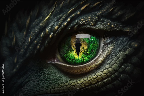Dragon eye. Green Eye of Evil Fantasy Dragon. Mythological creatures. Fantastic monster. Ancient reptile. Dark tones. Closeup. 3D vector illustration