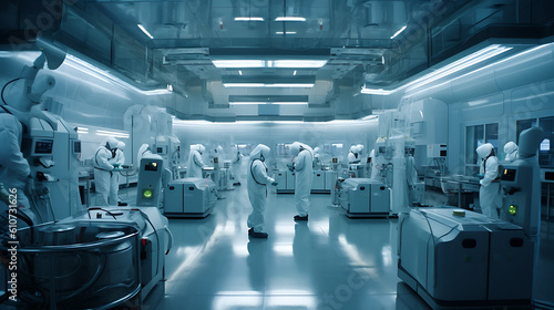 Group of people in protective suits in a modern pharmaceutical laboratory.Created with Generative AI technology. © MP Studio