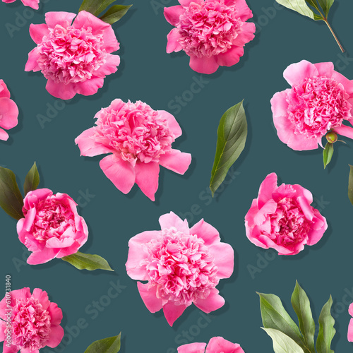 Seamless pattern of pink peony flowers on navy blue color background © justesfir