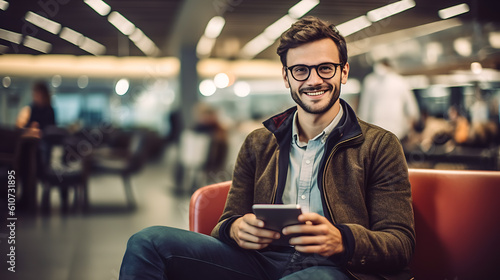 Smiling young man sitting in the office and holding a tablet.Created with Generative AI technology.