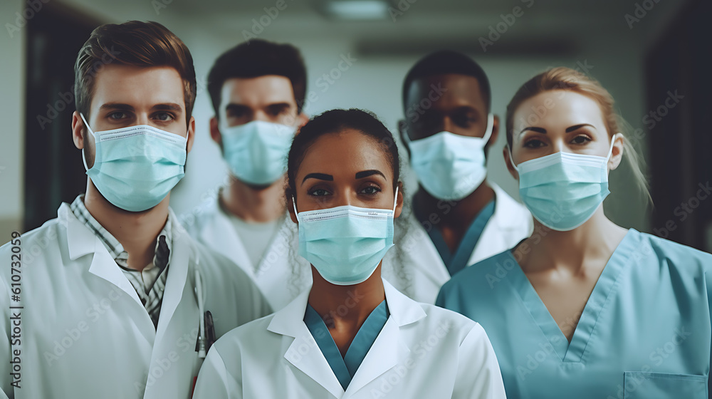 Professional doctors team in mask and uniform looking at camera, hospital work.?reated with Generative AI technology. Professional doctors team in mask and uniform looking at camera, hospital work.?reated with Generative AI technology.