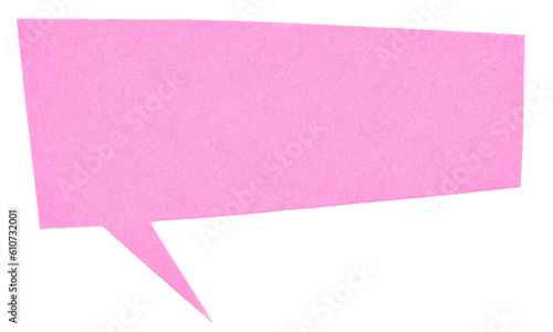 Pink blank cut out paper cardboard speech bubble of rectangular shape with copy space for text on transparent or white background
