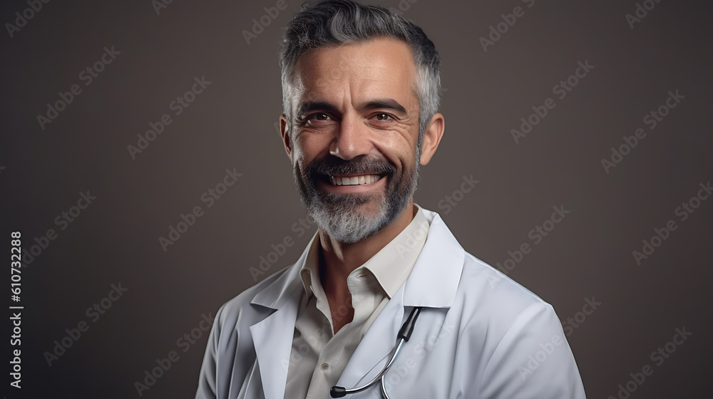 Smiling middle-aged doctor standing in a medical uniform against a gray wall.Created with Generative AI technology. Smiling middle-aged doctor standing in a medical uniform against a gray wall.Created with Generative AI technology.