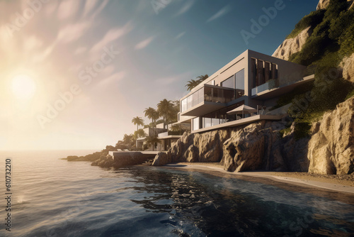 Generative AI illustration of Luxury house facing the sea with glass terraces and recycled materials