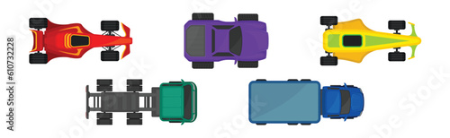 Car and Automobile as Motor Vehicle Park Top View Vector Set