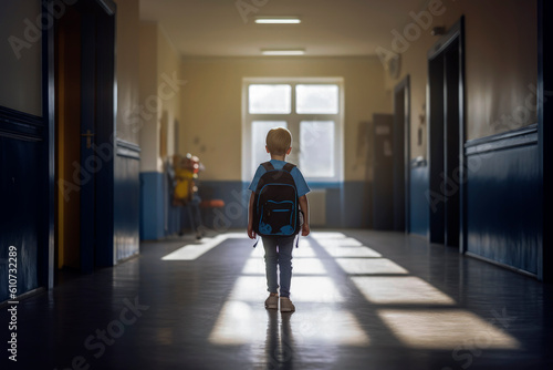 Generative AI illustration of Boy alone and on his back carrying a backpack entering the school classroom