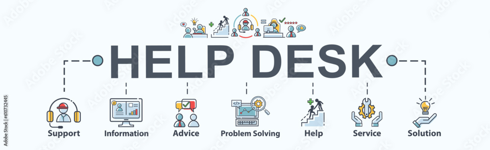 Help desk banner web icon for organization, support, information, advice, problem solving, help, service and solutions. Minimal vector flat infographic. Help desk banner web icon for organization, support, information, advice, problem solving, help, service and solutions. Minimal vector flat infographic.