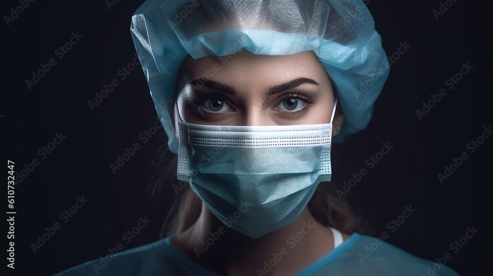 Close-up portrait of a female nurse against the black background.?reated with Generative AI technology. Close-up portrait of a female nurse against the black background.?reated with Generative AI technology.