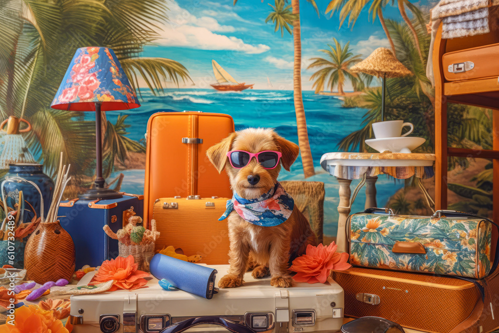 A cute little dog wearing sunglasses and a Hawaiian shirt, ready for a tropical getaway.