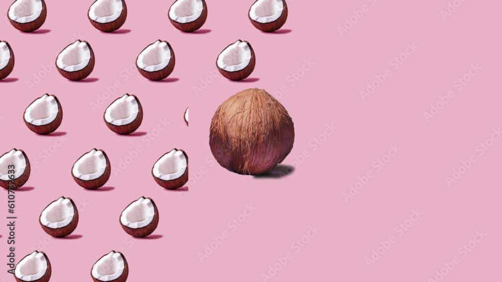 Stop motion Cut and whole Coconut appear and disappear on pastel background. High quality video 4K. Detailed stop motion video. Background or wallpaper in food and drinks videos. Stop motion Cut and whole Coconut appear and disappear on pastel background. High quality video 4K. Detailed stop motion video. Background or wallpaper in food and drinks videos.
