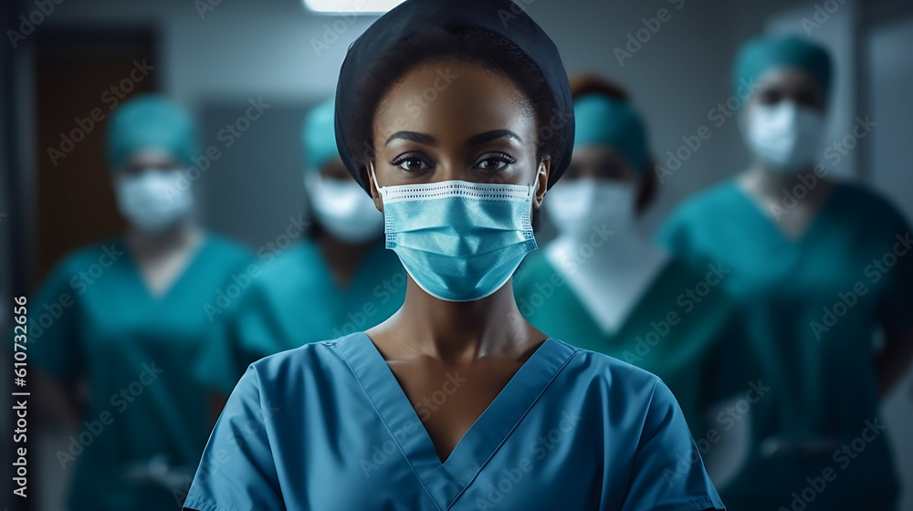 Close-up portrait of a african-american female nurse surrounded by colleagues.?reated with Generative AI technology. Close-up portrait of a african-american female nurse surrounded by colleagues.?reated with Generative AI technology.