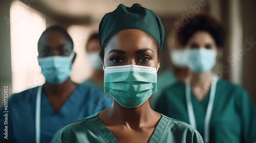 Close-up portrait of a african-american female nurse surrounded by colleagues.?reated with Generative AI technology.