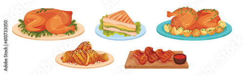 Meat Dish and Food Served on Plate Vector Set