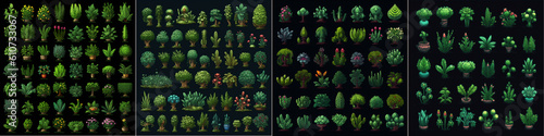 Intricate pixel art design with entheogenic plants Dark green color scheme for a unique and eye-catching aesthetic RPG style icons are ideal for use in games or other digital media projects. photo
