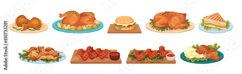 Foto Meat Dish and Food Served on Plate Vector Set