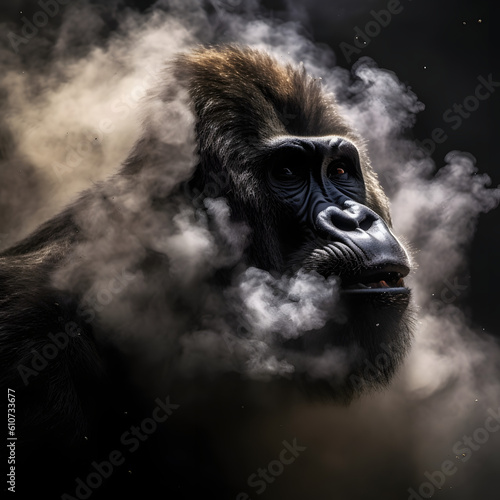 Enter the mystical realm where a majestic gorilla captivates, surrounded by an ethereal veil of smoke. Experience the enigmatic beauty of this captivating wildlife portrait.