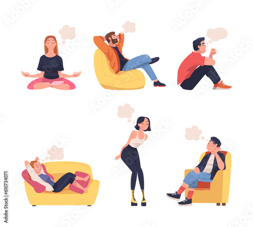 People Character Dreaming Imagining and Fantasizing Having Spontaneous Thought Vector Set