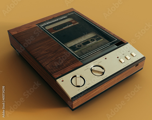 A vintage analogue answering machine from the 80's made of wood and chrome on an isolated mustard yellow background - 3D render