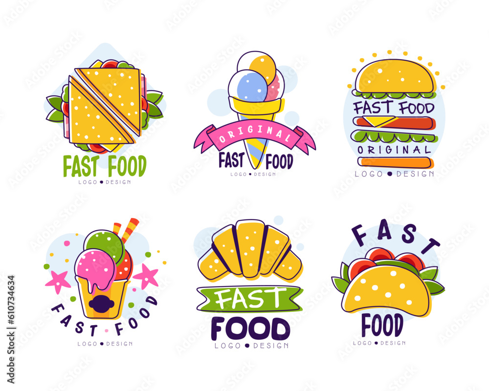 Fast Food Logo Design with Hamburger, Sandwich and Ice Cream Vector Set