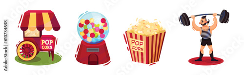Colorful ircus Objects with Strongman, Popcorn Stall and Crystal Ball Vector Set